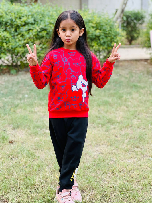 Red Bears Print Sweatshirt With Trouser For Kids (2 Piece)