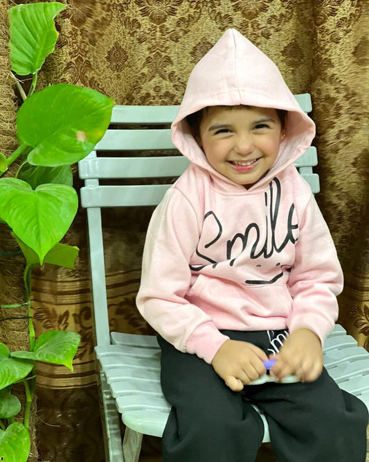 Pink Smiley Printed Hoodie With Trouser For Kids