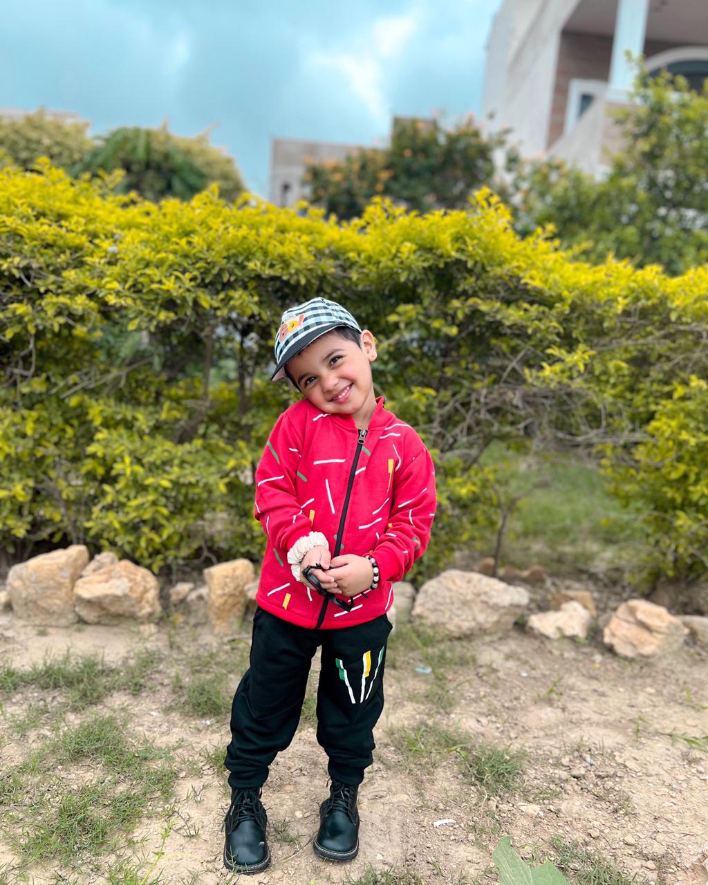 Kids Red Printed Zipper Jacket With Trouser (2 Piece)