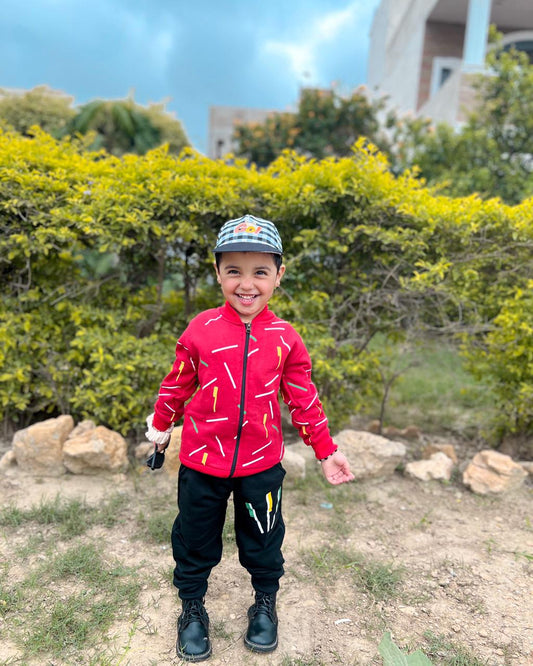 Kids Red Printed Zipper Jacket With Trouser (2 Piece)