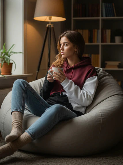 Maroon Black and White Cut and Sew Kangaroo Hoodie For Women