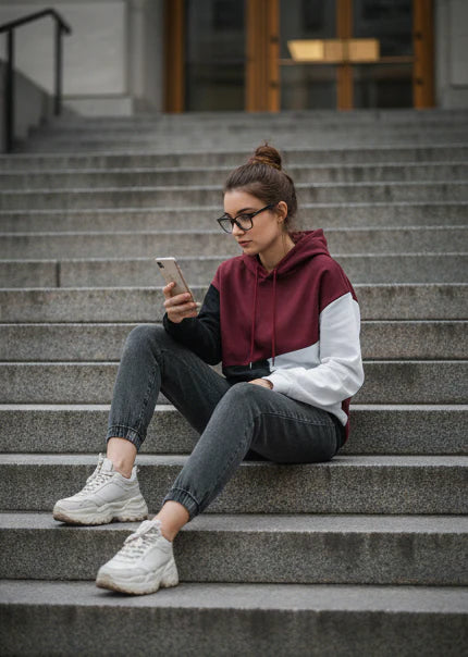 Maroon Black and White Cut and Sew Kangaroo Hoodie For Women