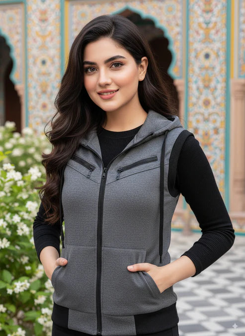 Charcoal Sleeveless Hooded Zipper For Women