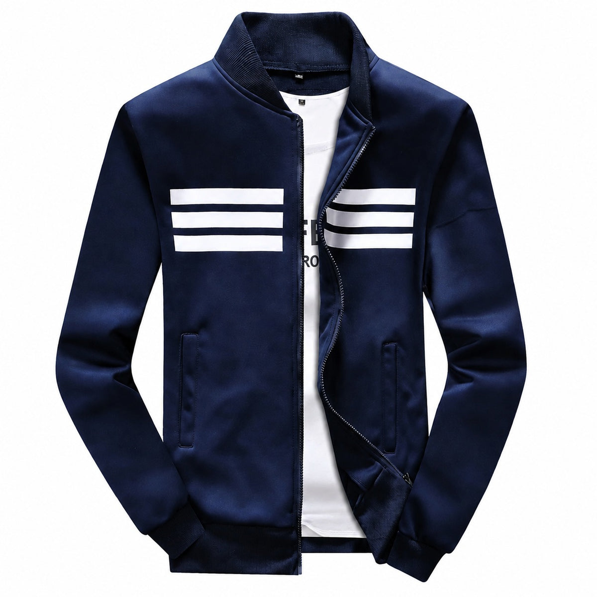 Navy Blue with White 3-Stripes Printed Zipper Jacket