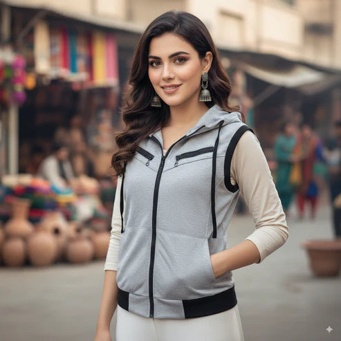 Grey Sleeveless Hooded Zipper For Women