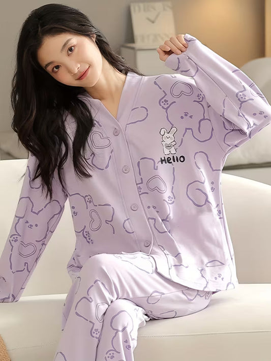 Lilac Love Bunny Printed V-Neck Button Printed Night Suit