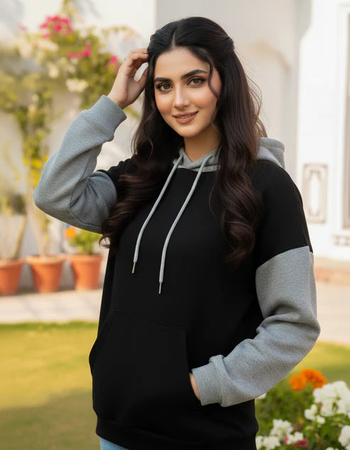 Black With Grey Basic Kangaroo Hoodie For Women
