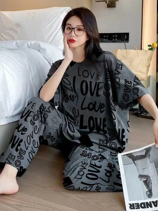 Charcoal Drop Shoulder Printed Night Suit