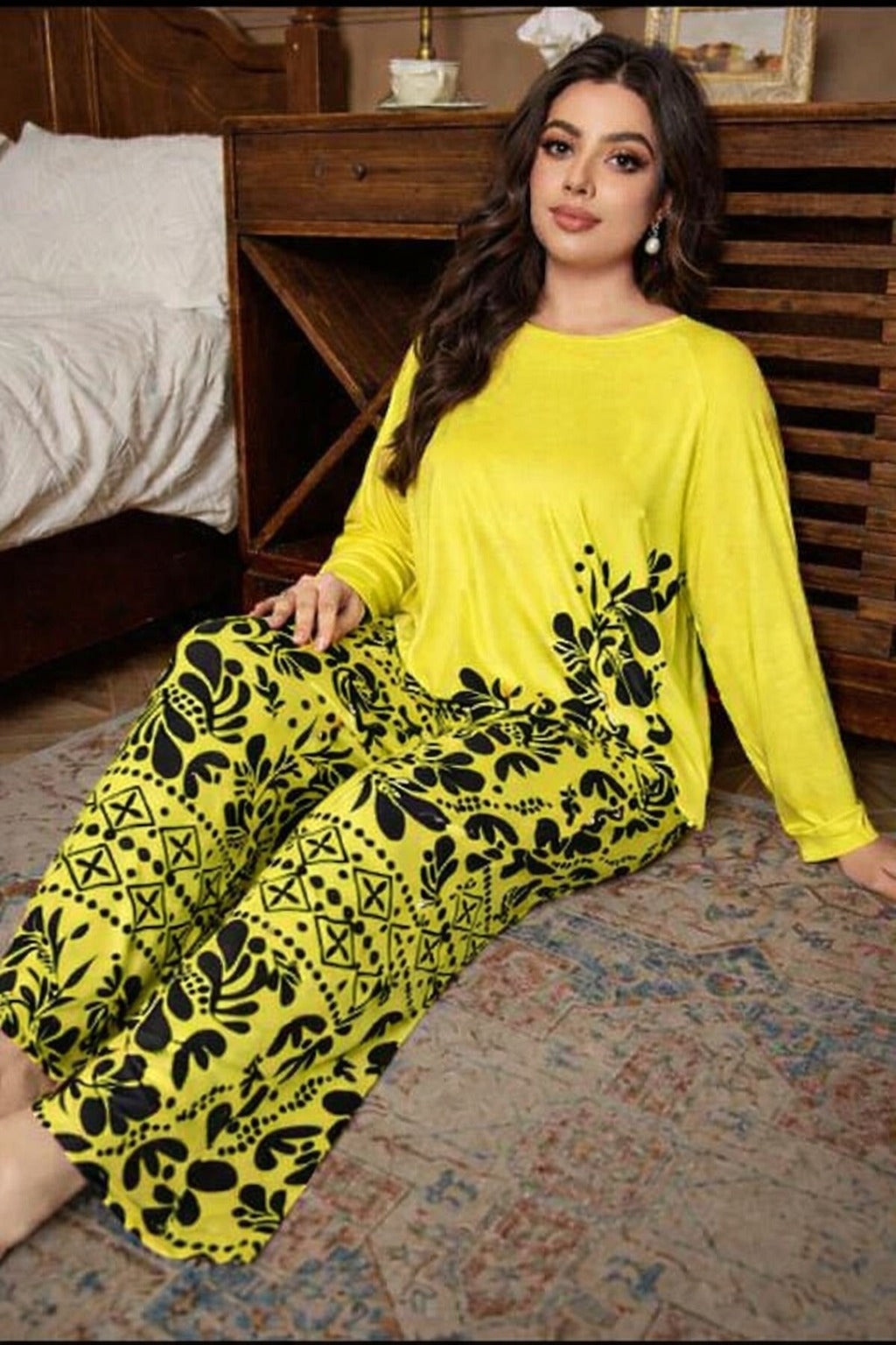 Yellow Leaves Printed Night Suit