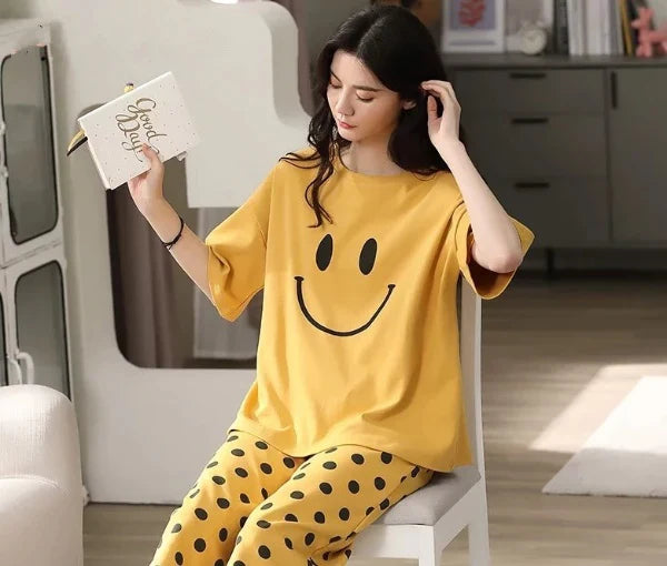 Yellow Smiley Printed  Night Suit