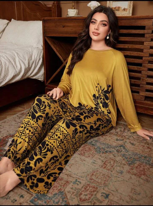 Golden Leaves Printed Night Suit