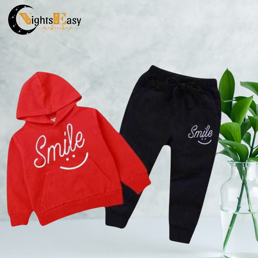 Red Smiley Printed Hoodie With Trouser For Kids