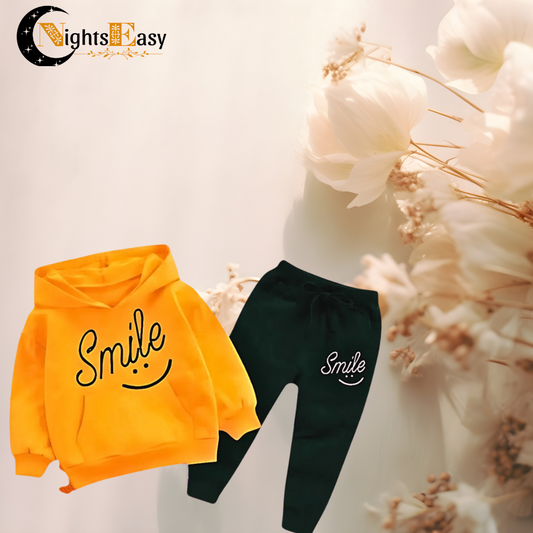 Orange Smiley Printed Hoodie With Trouser For Kids