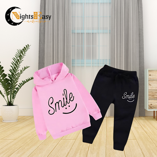 Pink Smiley Printed Hoodie With Trouser For Kids